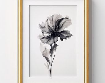 Monochrome Flower Watercolor | Black and White Botanical Art Print | Minimalist Flower | Chic Bedroom Decor | Digital Download Printable Art