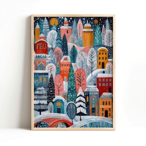 Snowy Winter Town Print, Festive Holiday Art Poster, Christmas Village Scene, Seasonal Home Decoration, Digital Download Printable Wall Art