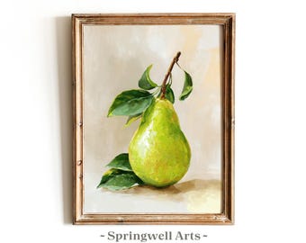 Vintage Fruit Painting, Cheerful Kitchen Decor, Green Pear Print, Digital Download, Printable Wall Art