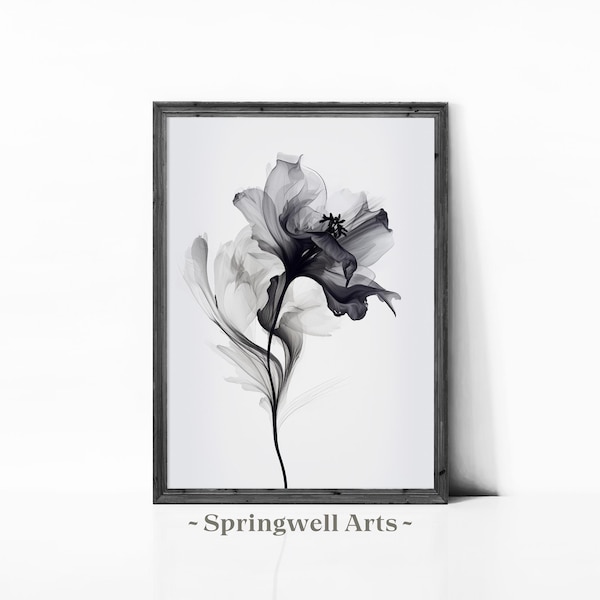 Monochrome Floral Watercolor, Black and White Botanical Art Print, Minimalist Flower, Chic Bedroom Decor, Digital Download Printable Art
