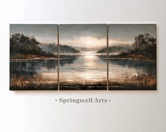 Set van 3 schilderijen met een meerlandschap, vintage impressionistische schilderijen, serene blauwgrijze wanddecoratie (digitale download)
