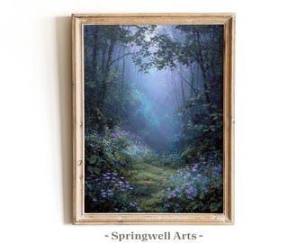 Estampado de bosque primaveral, paisaje de pradera de flores silvestres encantadas, decoración botánica azul (descarga digital)