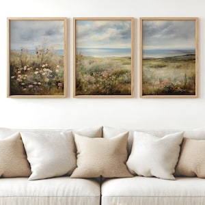 Juego de 3 impresiones costeras de verano, pintura de paisaje costero, decoración de playa con flores silvestres, descarga digital instantánea, arte mural imprimible