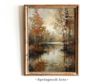Vintage Fall Lake Landscape Painting | Rustic Autumn Art (Digital Download)