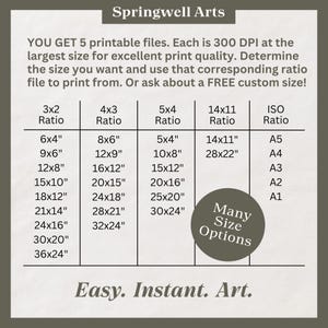 May include: Printable art file with size options. The image features a chart with various print sizes in inches, including 6x4, 8x6, and 14x11. The text reads "Easy. Instant. Art."