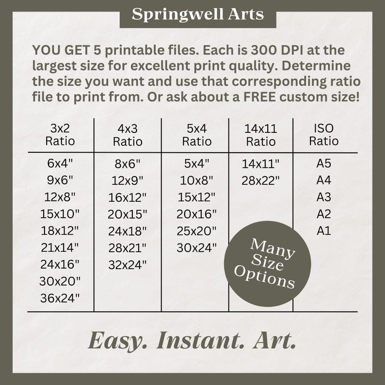 May include: Printable art file with size options. The image features a chart with various print sizes in inches, including 6x4, 8x6, and 14x11. The text reads "Easy. Instant. Art."
