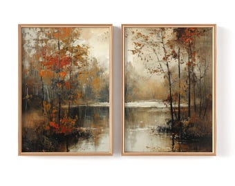 Vintage Autumn Lake Landscape Painting Set, Rustic Fall Forest Wall Art (Digital Download)