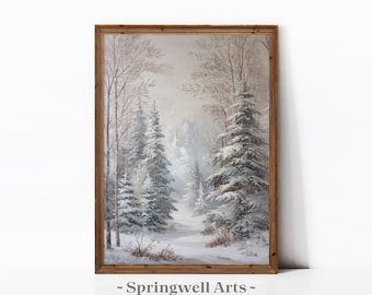 Puede incluir: Pintura enmarcada de un paisaje invernal con abetos cubiertos de nieve y árboles de hoja caduca desnudos. La obra de arte utiliza una paleta de colores apagados de blancos, grises y marrones, con un camino que conduce a la distancia. El texto "- Springwell Arts -" está en la parte inferior.