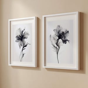 Set of 2 Monochrome Flowers Watercolor Painting, Black and White Botanical, Minimalist Flower, Downloadable Art Prints, Chic Bedroom Decor image 9