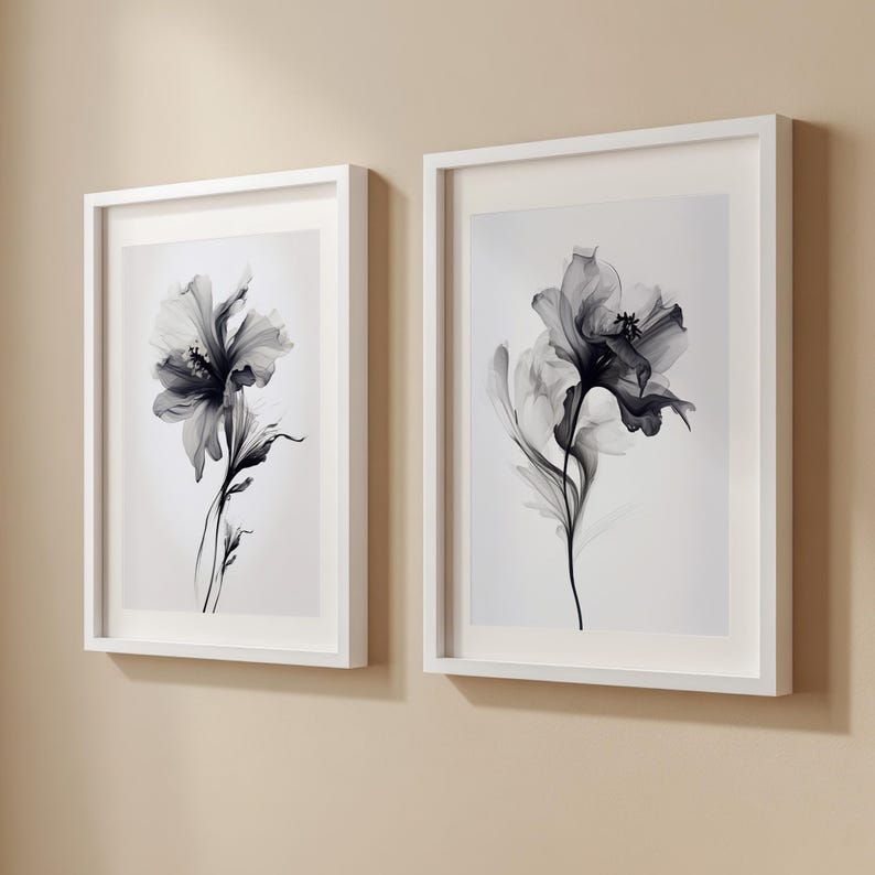 Set of 2 Monochrome Flowers Watercolor Painting, Black and White Botanical, Minimalist Flower, Downloadable Art Prints, Chic Bedroom Decor image 9