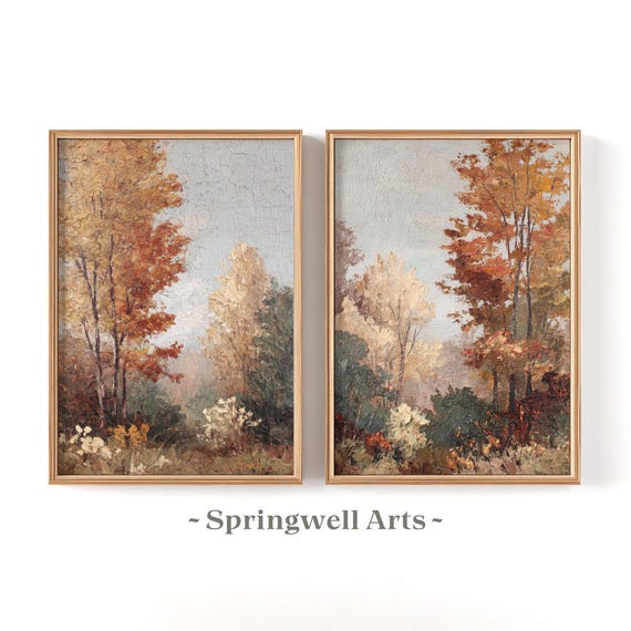 Vintage Autumn Forest Landscape Paintings Set, Cozy Woodland Wall Art (Digital Download)