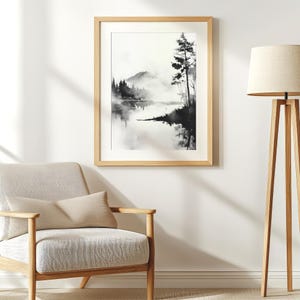 Schwarzweiße Aquarell Landschaft Print, ruhiges Monochrom Waldsee, modernes minimalistisches Poster, digitaler Download druckbare Wandkunst