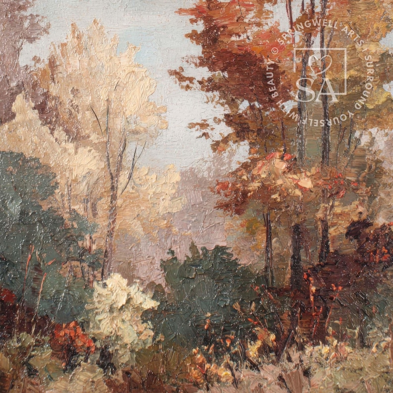 May include: Oil painting of a forest scene with trees in autumn colors. The artwork features a variety of trees with foliage in shades of brown, orange, and yellow. The painting has a textured appearance, with visible brushstrokes.