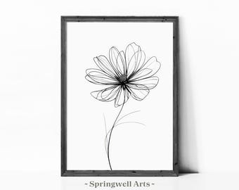 Minimalist Flower Print, Vintage Black and White Line Art, Elegant Floral Decor (Digital Download)