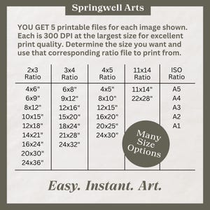 May include: A chart from Springwell Arts with size options for printable art. The chart lists various ratios, including 2x3, 3x4, 4x5, 11x14, and ISO, with corresponding inch measurements. The text "Many Size Options" is in a circle.