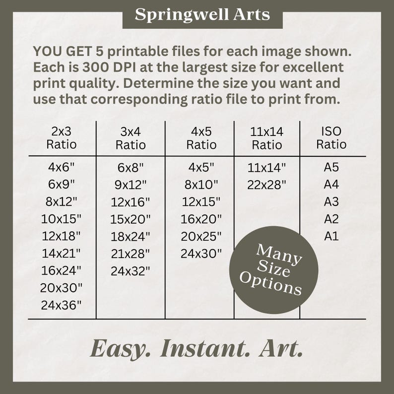 May include: A chart from Springwell Arts with size options for printable art. The chart lists various ratios, including 2x3, 3x4, 4x5, 11x14, and ISO, with corresponding inch measurements. The text "Many Size Options" is in a circle.