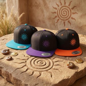 Sacred Geometry Spiral Sun Hat - Festival Snapback Cap - Boho Hippie Sunburst Flat Bill - Two Tone Tribal Sun Embroidered Hat - Rave Fashion
