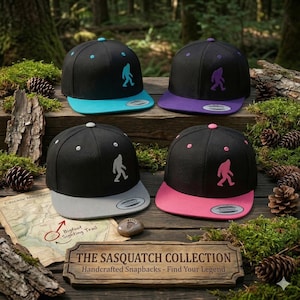 Embroidered Bigfoot Snapback Hat - Sasquatch Flat Bill Cap - PNW Outdoor Adventure Gear - The Sasquatch Collection