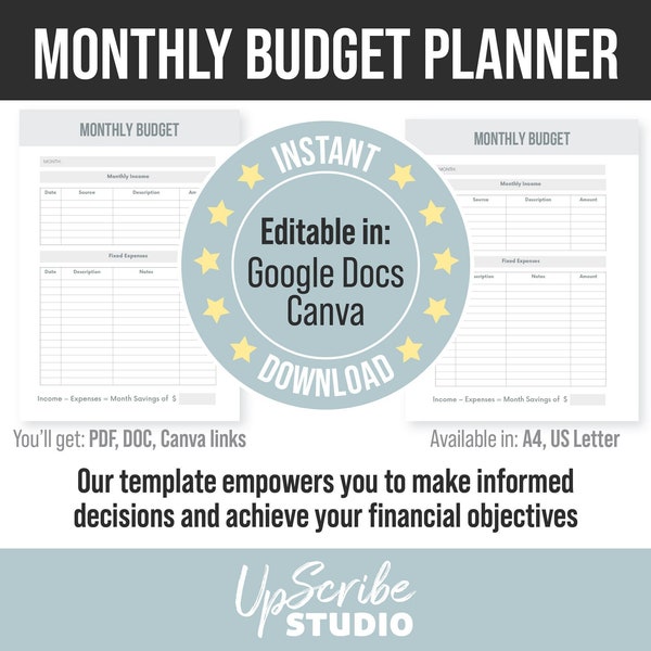 Monthly Budget Template, Customizable Monthly Budget Template, Savings Tracker, Canva Template, Digital Download Budget Planner