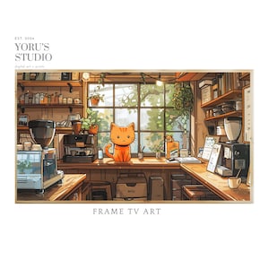 Samsung Frame TV Art | Orange Cat in Cozy Kitchen | Coffee and Plants | Anime | Cartoon Wabi Sabi | Screensaver | Instant Download
