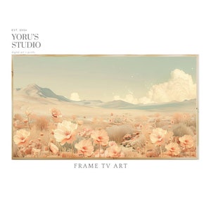 Op de afbeelding: Een digitale kunstprint van een veld met roze bloemen in een woestijnlandschap met bergen op de achtergrond. De lucht is zachtblauw met witte wolken. De tekst "FRAME TV ART" staat onderaan de afbeelding.