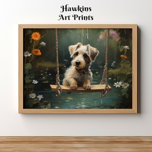 Dog on a Wooden Swing, Printable Art, Summer Print, Oil Painting, Landscape Print, Digital Printable Art