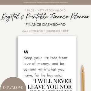 Può includere: Un cruscotto di pianificazione finanziaria stampabile con la citazione "Mantieni la tua vita libera dall'amore per il denaro, e contentati di ciò che hai, perché lui ha detto: "NON TI ABBANDONERÒ MAI NÉ TI LASCIERÒ." Ebrei 13:5"