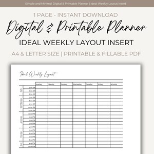 Può includere: Un planner settimanale stampabile in bianco e nero con un layout semplice. Il planner è diviso in giorni della settimana e fasce orarie dalle 4:00 alle 22:00. Il testo "Ideal Weekly Layout" è in cima al planner.