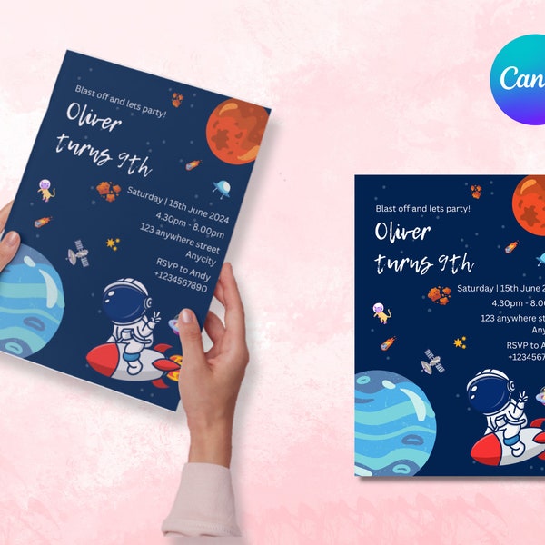 Blue outerspace galaxy ufo birthday party invitation template