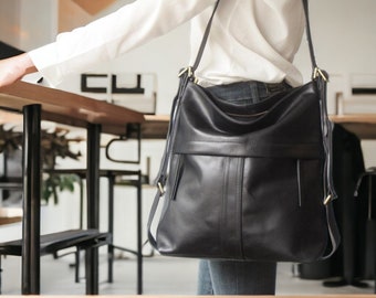 Zwart lederen crossbody rugzaktas, converteerbare laptoptas voor dames, minimalistische reisschoudertas, stijlvolle laptoptas met grote capaciteit