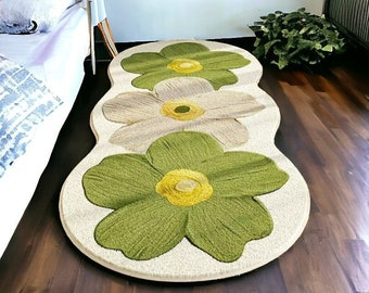 Floraler Teppich Dünner, Unregelmäßiger Nachtteppich, Teppich mit Blumenmuster, Blumenteppich für Schlafzimmer, Einzigartiges Hochzeitsgeschenk für die Braut