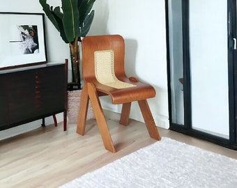 Wabi Sabi rotan eetkamerstoel, vintage houten koffiestoel, midden van de eeuw rieten eetkamerstoel, modern designmeubilair, woonkamer decor