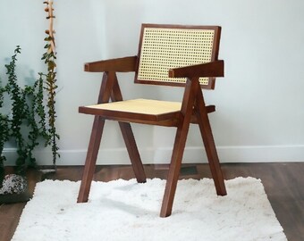 Rattan Wooden Chair, Casual Retro Style Chair, Vintage Comfortable Backrest Chair, Solid Wood Dinning Chair, Minimalist Tea Coffee Furniture