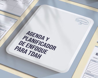 May include: A white sheet with blue borders, titled "Agenda y Planificador de Enfoque para TDAH" with the text "mindmap design" in a speech bubble. The sheet is on a beige surface.