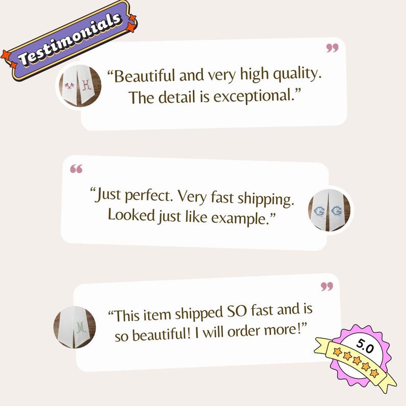 May include: Image features customer testimonials with text bubbles. The word "Testimonials" is at the top. The reviews mention high quality, fast shipping, and beauty. A 5-star rating is also visible.