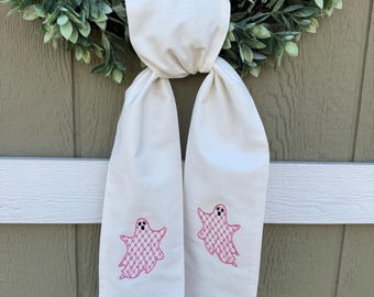 Cute Ghost Wreath Sash | Southern Front Door Decor | Wreath Bow Tie for Autumn | Halloween Thanksgiving | Pink or Choose Your Color | Ghoul