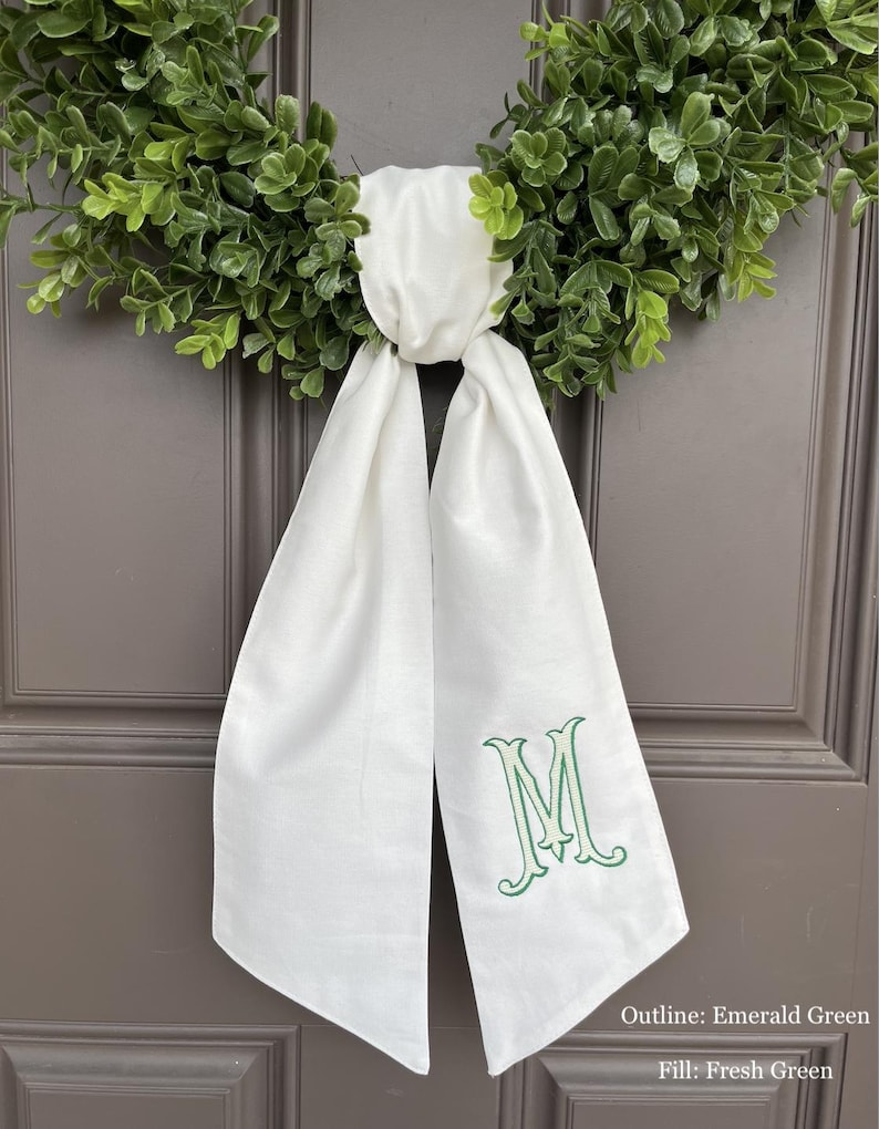 Monogrammed Lined Initial Wreath Sash - Emerald green - outline, fresh green - filled