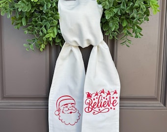 Santa Christmas Holiday Wreath Sash | Believe | Reindeer | Southern Front Door Decor | Wreath Bow Tie for Autumn | Winter Santa Claus