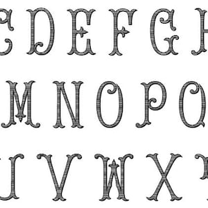 May include: A complete alphabet in a decorative, vintage style. Each letter, from A to Z, is presented in a dark gray color with an ornate, serif font. The letters are evenly spaced and arranged in rows.