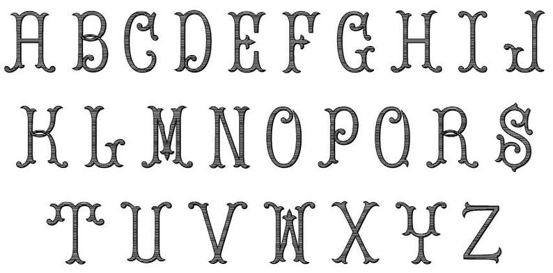 May include: A complete alphabet in a decorative, vintage style. Each letter, from A to Z, is presented in a dark gray color with an ornate, serif font. The letters are evenly spaced and arranged in rows.