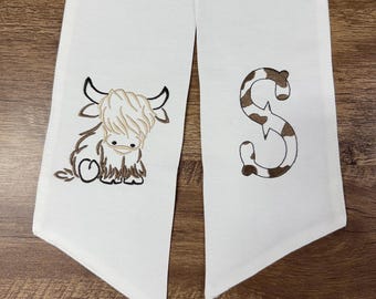 Shaggy Highland Cow Print Monogram Initial Wreath Sash | Personalized Southwestern Home Accent | Cowboy Cowgirl Decor | Animal Print Gift