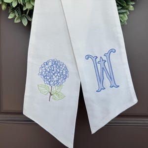 Hydrangea Initial Wreath Sash | SHIPS FAST | Summer | Blue or Pink Design | Personalized Door Decor | Embroidered Birthday Gift | Floral