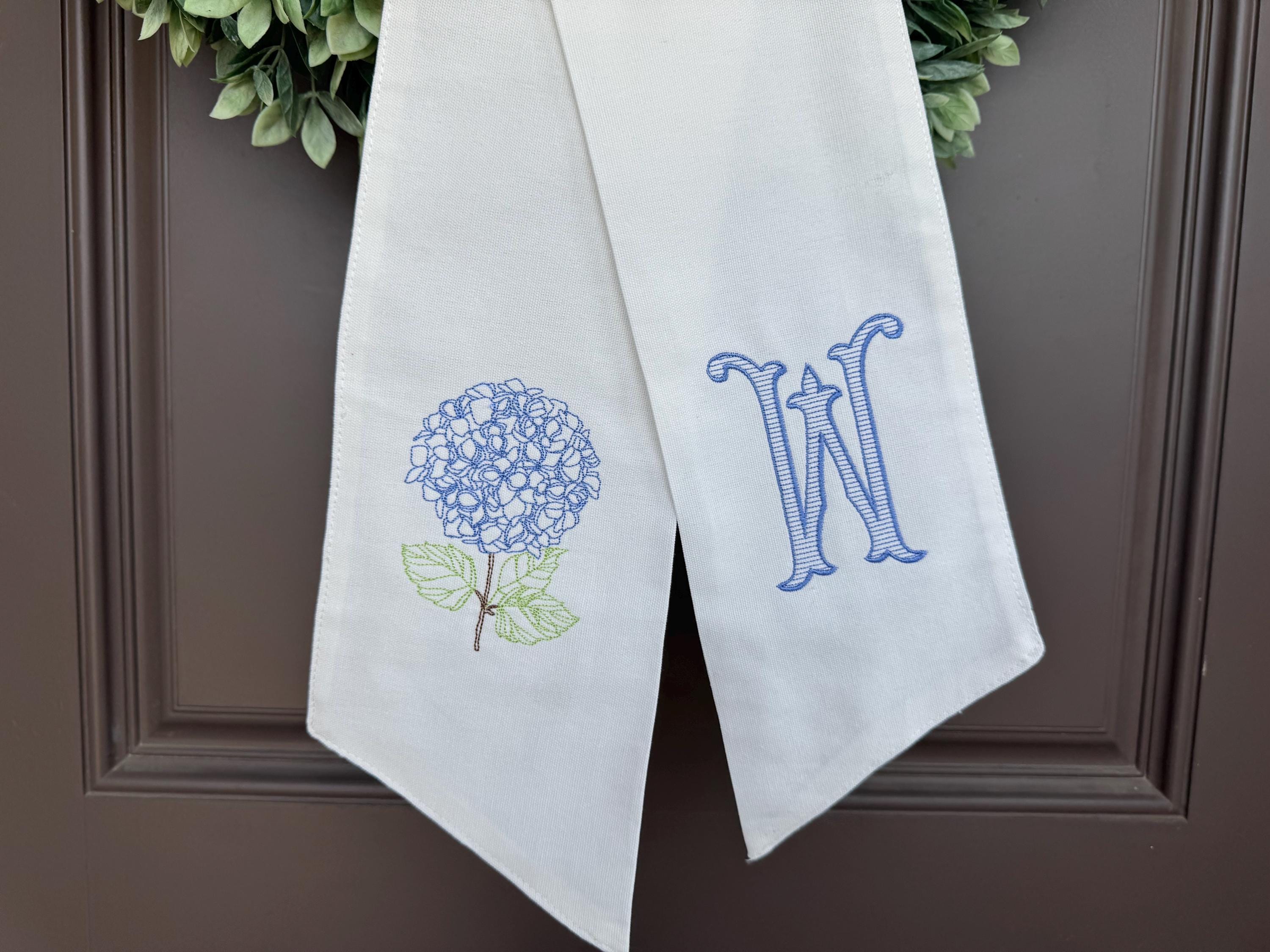 Hydrangea Initial Wreath Sash | Summer | Blue or Pink Design | Personalized Door Decor | Embroidered Birthday Gift | Floral
