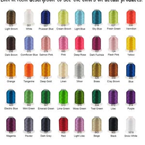 May include: A color chart featuring a variety of thread colors, each labeled with a number and name. Colors range from light brown to snow white, including shades of blue, green, red, and purple. Text at the top says "Link in item description to see the colors on actual products!"