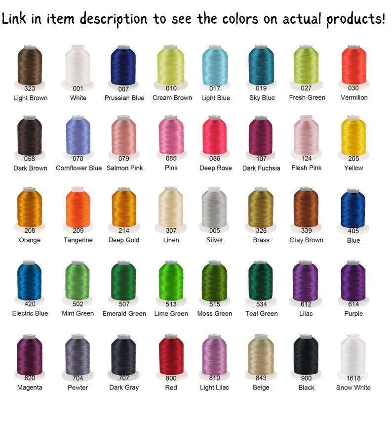 May include: A color chart featuring a variety of thread colors, each labeled with a number and name. Colors range from light brown to snow white, including shades of blue, green, red, and purple. Text at the top says "Link in item description to see the colors on actual products!"