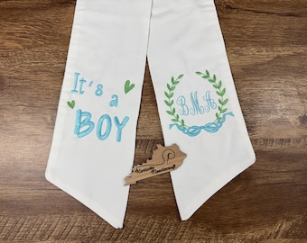 Its a Boy Its a Girl New Baby Custom Wreath Sash | Custom Monogram | Embroidered | Baby Shower | Gender Reveal | New Parent Gift | Baby Name