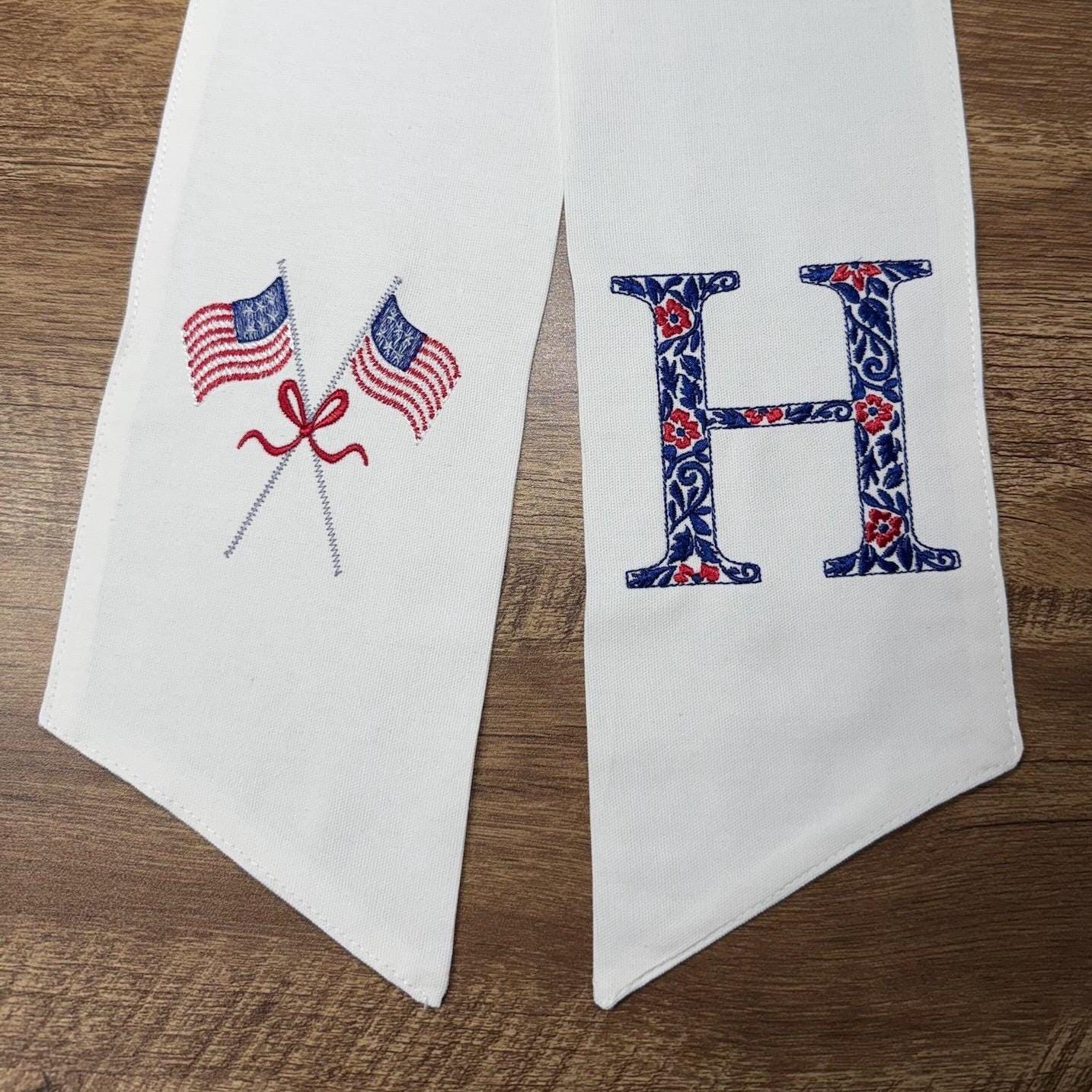 Chinoiserie Monogram Initial | Flag Red White Blue Wreath Sash | Memorial Day | July 4th | America | Summer | Patriotic