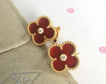 Handmade 18K Yellow Gold Earrings ALHAMBRA Four Leaf Clover Lucky Earrings Flower Carnelian Earrings Gift For Her PREFECT GIFT