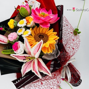 Handgemachter gehäkelter Blumenstrauß/Lotus/Sonnenblume/Gänseblümchen/Lilie/Rose/benutzerdefinierter Blumenstrauß/Geschenkidee