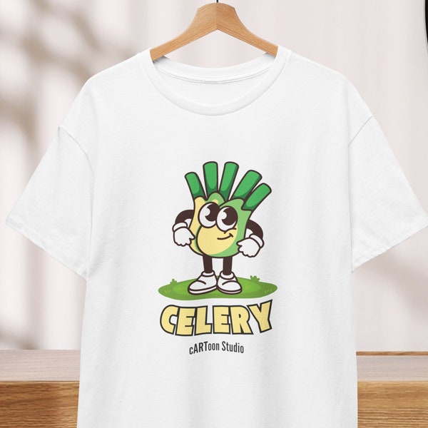 Retro CELERY Tshirt with Funny Design, Cartoon Tee Shirt Oversized Unisex, Cute Children and mother gift, Shirt dress bed or cooking shirt